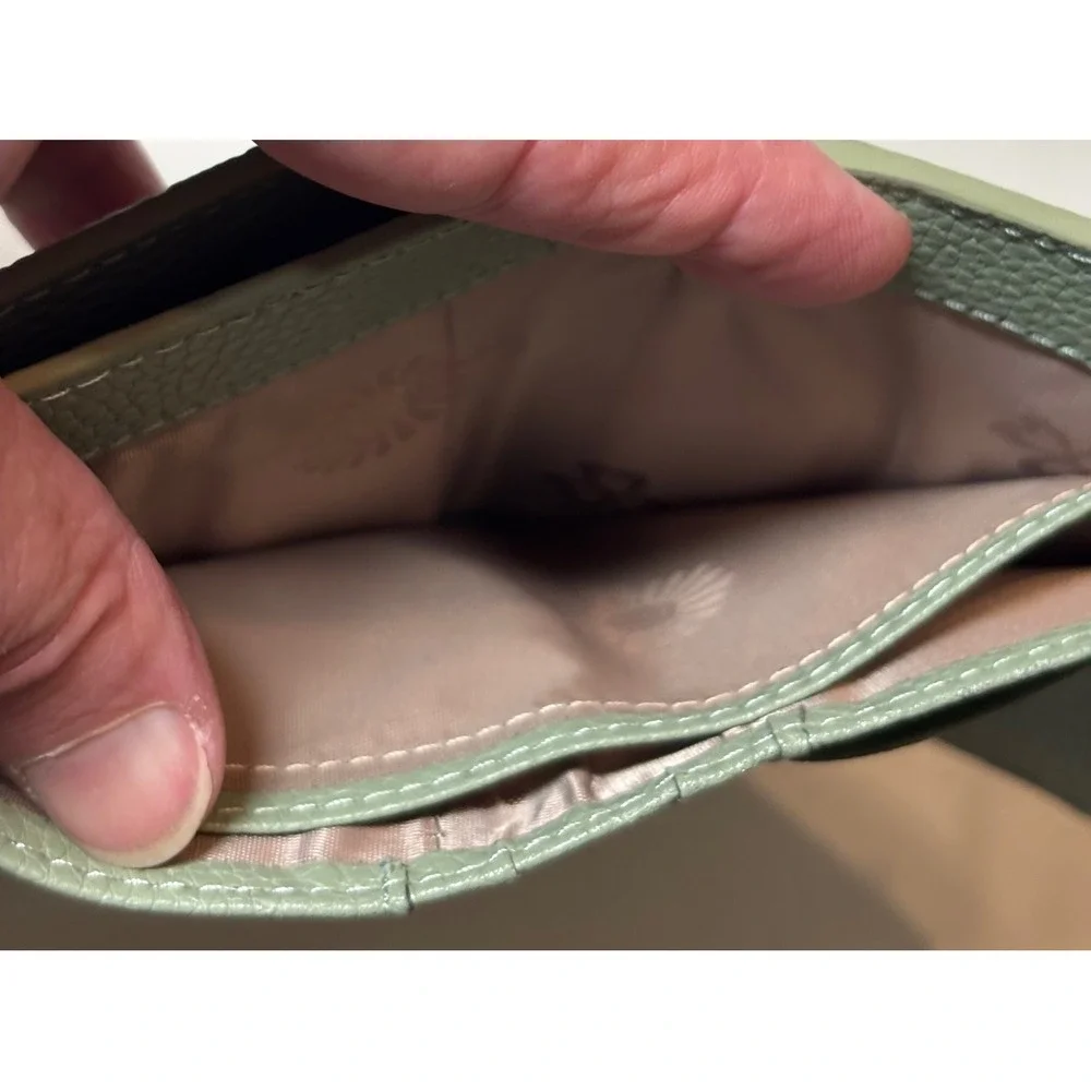 Bifold Wallet Women Small Sage Green Pebbled Faux Leather Snap Zipper NEW in box